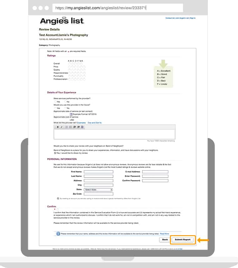 Angie's List Leave Review Page Full